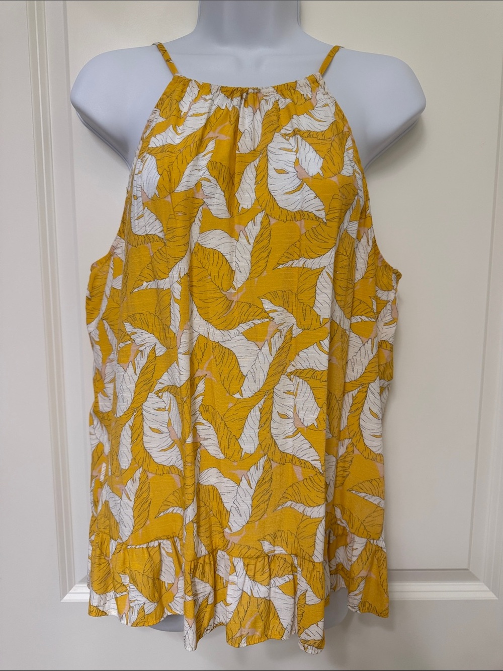 Nine West Mustard Yellow and White Leaf Print Halter Blouse